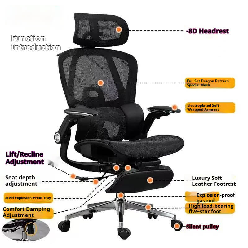 Full-Function Black Ergonomic Office Chair - 8D Headrest, Dragon Mesh, Soft Armrests & Luxury Footrest for Corporate Teams