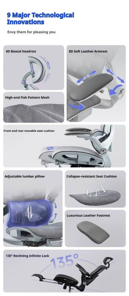 9 Major Technological Innovations Ergonomic Office Chair - 8D Headrest/Armrest, Waist Tracking & 135° Recline