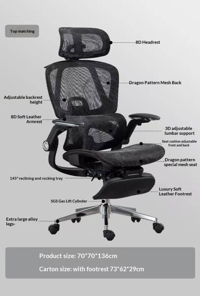 Top Matching Ergonomic Office Chair - 8D Headrest Dragon Pattern Mesh 145° Recline for Corporate Premium Seating