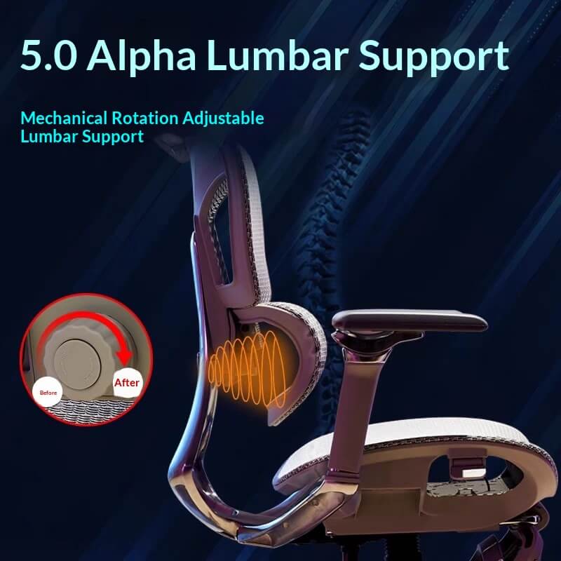 5.0 Alpha Mechanical Rotation Adjustable Lumbar Support Ergonomic Office Chair - Custom Waist Pressure Relief