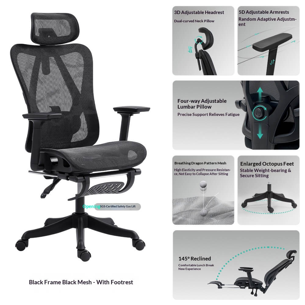 Black Frame Black Mesh Ergonomic Office Chair with Footrest - 3D Headrest 5D Armrest 145° Recline for Corporate Premium Seating
