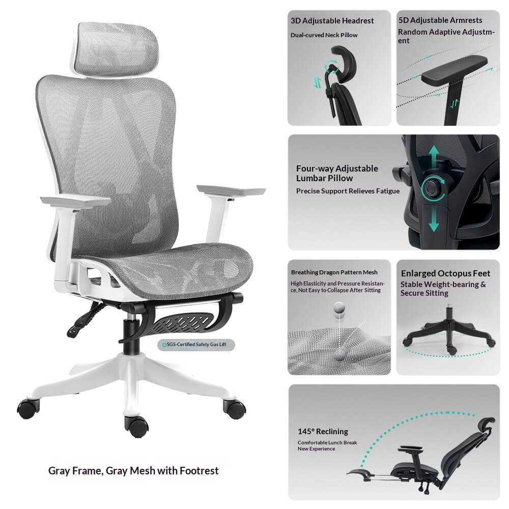 Gray Frame Gray Mesh Ergonomic Office Chair with Footrest - 3D Headrest 5D Armrest 4-Way Lumbar + SGS Gas Lift for Corporate Bulk Purchase