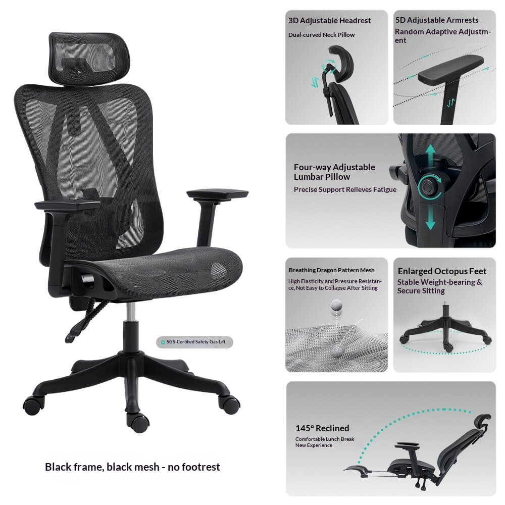 Black Frame Black Mesh Ergonomic Office Chair (No Footrest) - 3D Headrest 4-Way Lumbar for Corporate Professional Spaces