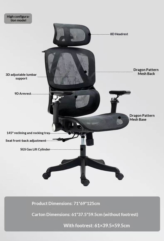 High Configuration Ergonomic Office Chair - 8D Headrest 9D Armrest Dragon Mesh for Corporate Mid-to-Large Teams