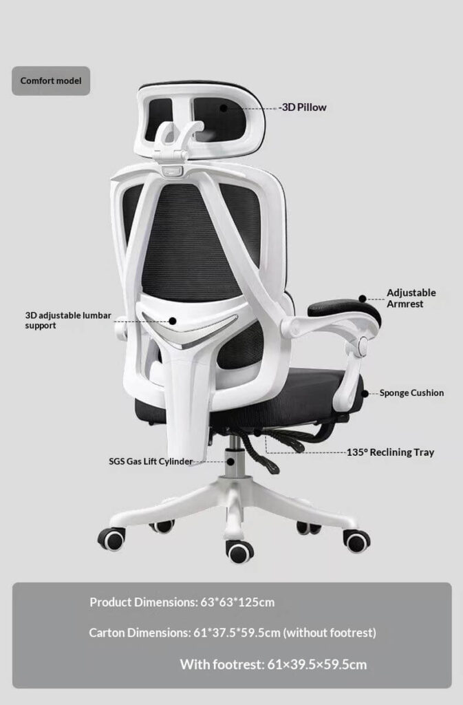 Comfort Model Ergonomic Office Chair - 3D Pillow 3D Lumbar Support 135° Recline for Corporate Teams (Dimensions: 6363125cm)