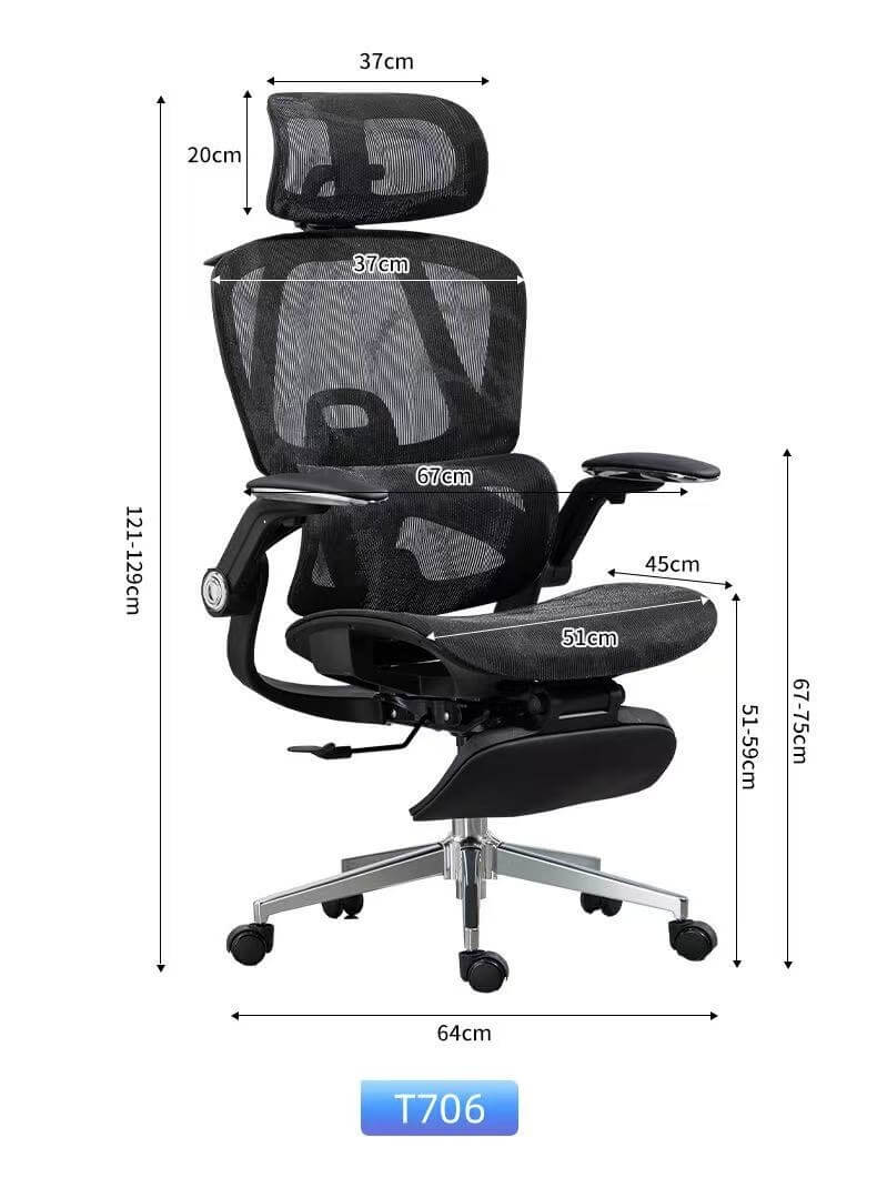 T706 Ergonomic Office Chair Size Display - 121-129CM Height for 1.55-1.9M Corporate Employees