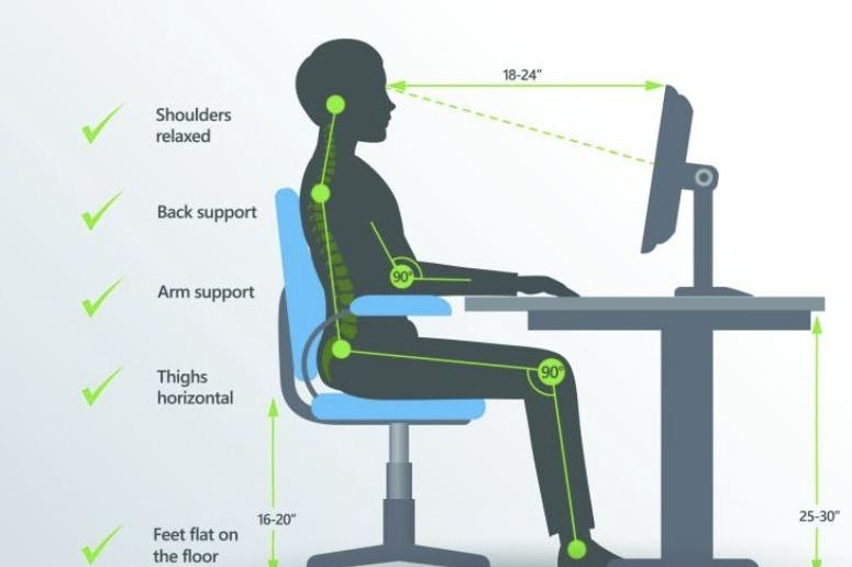 The earlobe should be aligned vertically with the acromion. This significantly reduces the eccentric contraction load on the trapezius and levator scapulae muscles.