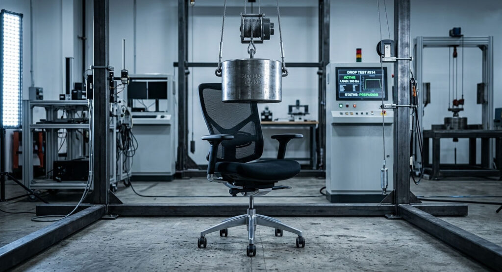 Heavy-duty weight suspended over an office chair for BIFMA drop testing in a laboratory.