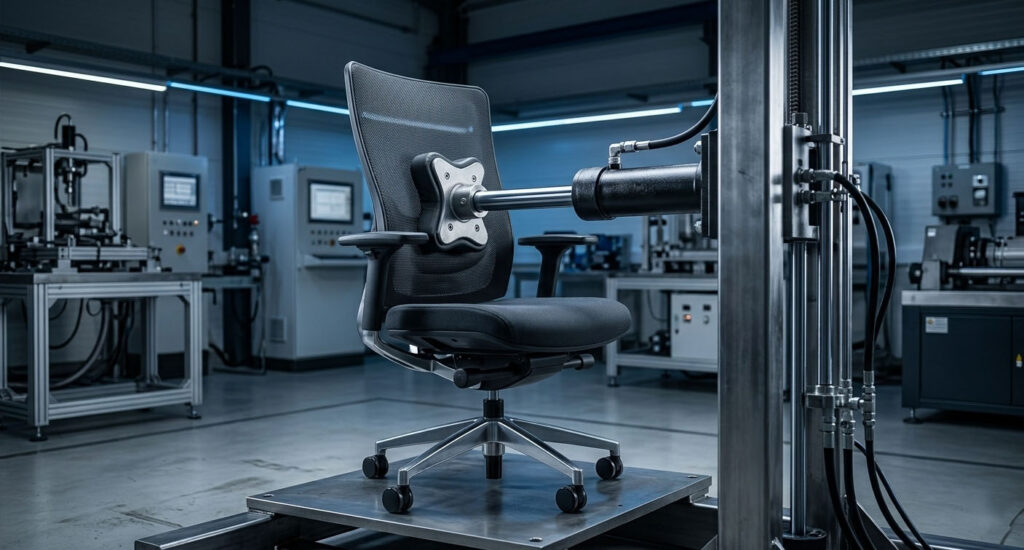 Hydraulic piston applying pressure to an ergonomic chair backrest for durability testing.