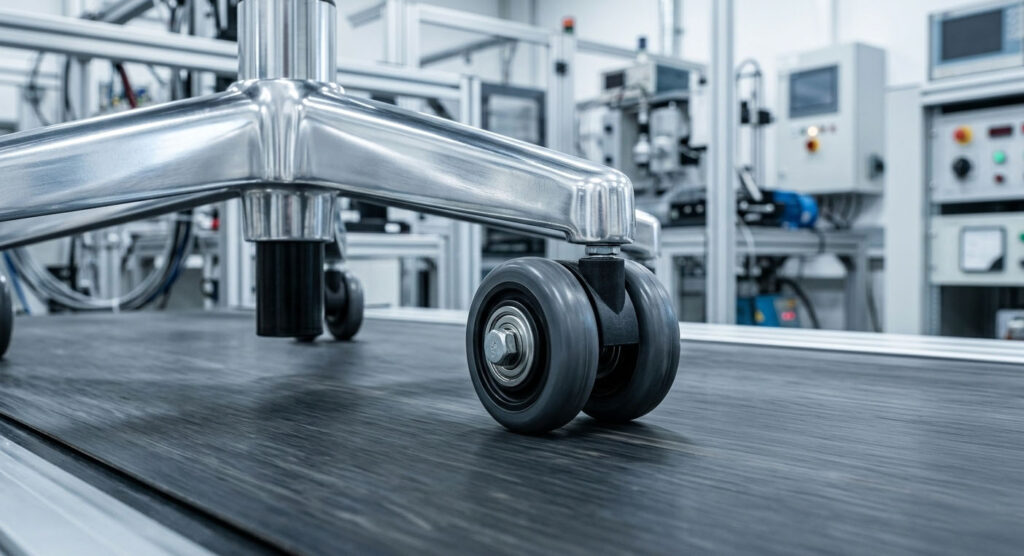 Macro shot of chair casters undergoing continuous rolling test on an industrial treadmill.