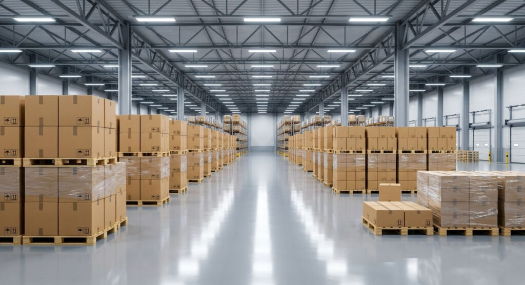 Modern clean warehouse with office chair boxes stacked neatly on pallets for export.