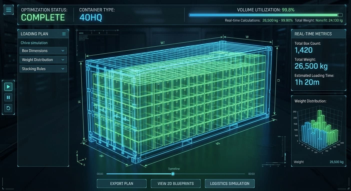 3D wireframe schematic of a 40HQ container optimized for maximum volume utilization.