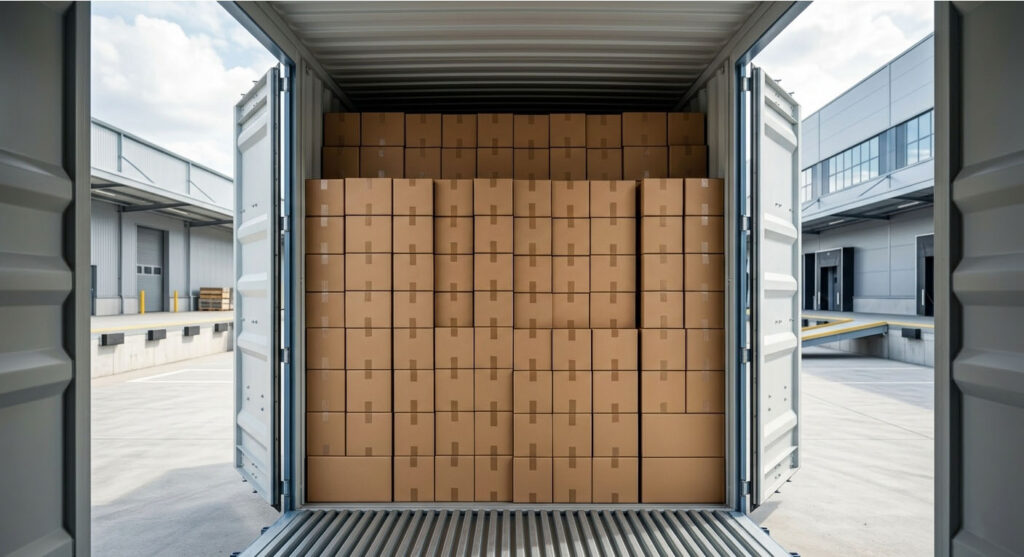 Interior of a 40ft shipping container perfectly packed with cardboard boxes.