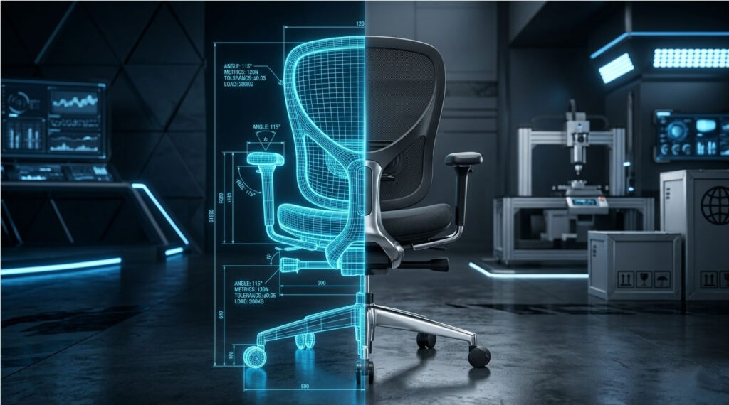 Conceptual image showing a split view of a blue CAD wireframe and a real ergonomic chair.