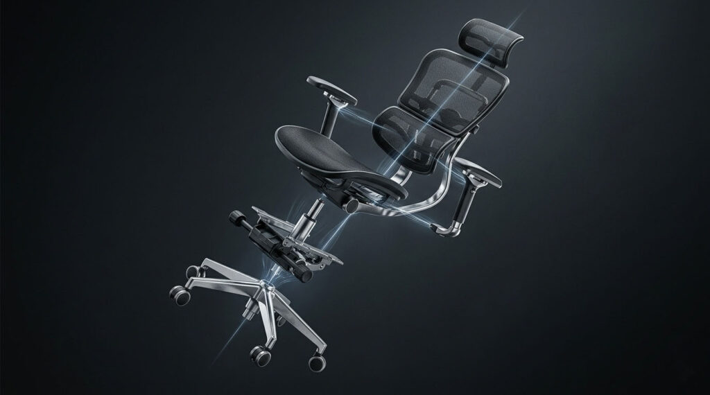 Exploded view of premium ergonomic chair components suspended against a dark background.