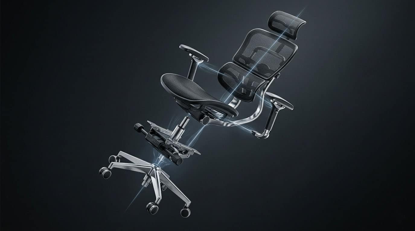 Exploded view of premium ergonomic chair components suspended against a dark background.