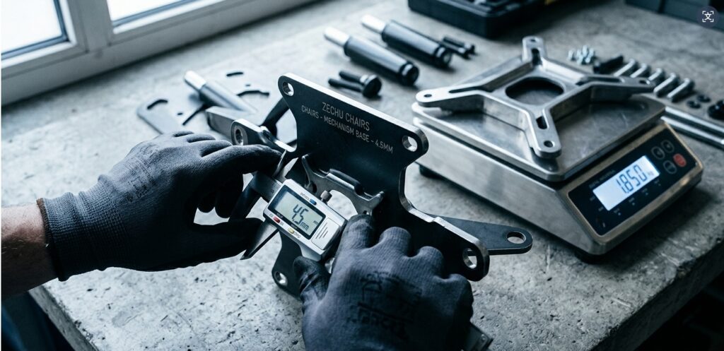 Worker measuring a 4.5mm steel base plate with digital calipers and a precision scale.