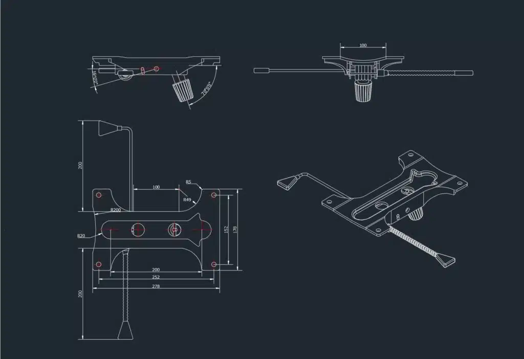 CAD blueprint of a reverse-engineered office chair mechanism detailing exact screw hole pitches and dimensions.